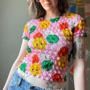 Y2K Popcorn Top | Bubblegum Pink Smiley Print | One Size Stretch